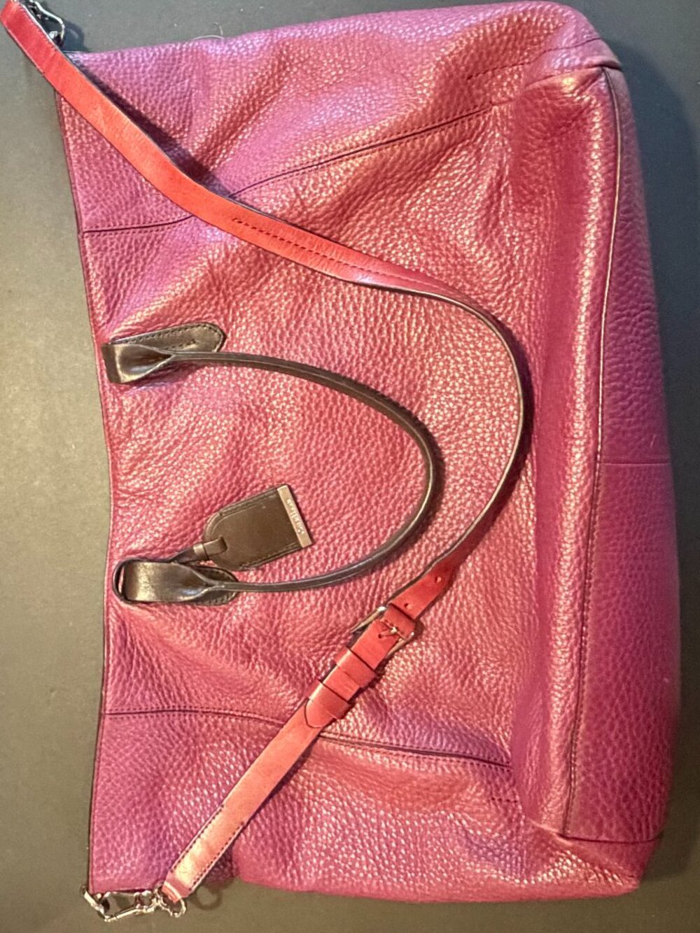 Cole Haan Raspberry Pebbled Leather Tote with Red Leather Cross Body Strap
